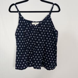 LOFT Small S Navy Blue White Circle Printed Tank Top Button Front Lined Cotton